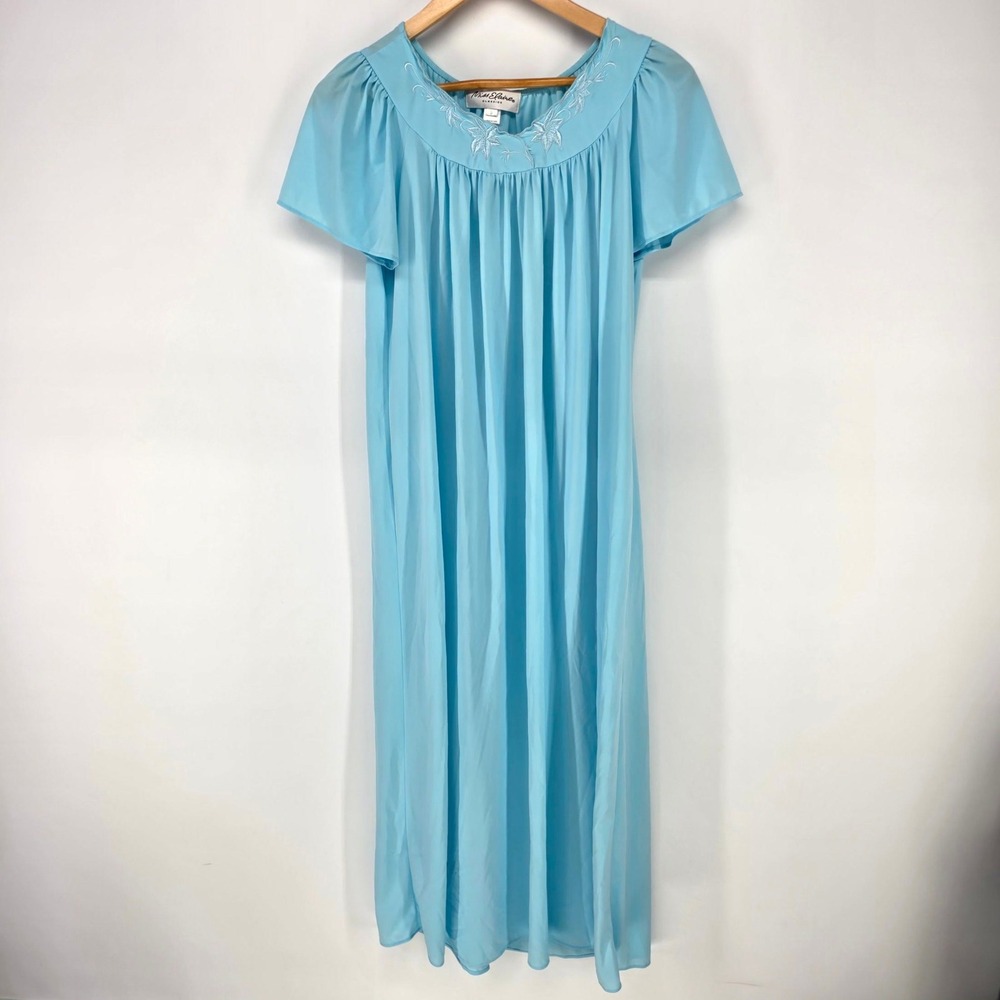 Miss Elaine Nightgown Womens S Blue Floral Embroidered Nylon Sleepwear 50809